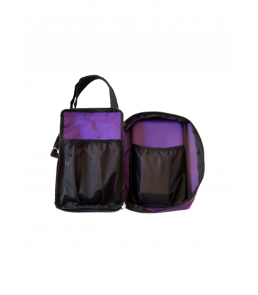 Sacoche de transport large violet ouvert avec les deux filets noirs visibles