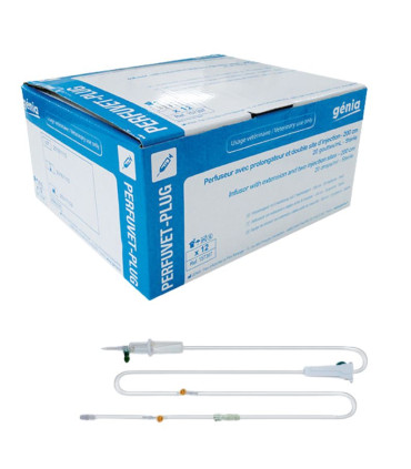 Perfuvet Plug – Perfuseur vétérinaire extra-long avec 2 ports d’injection et raccord Luer-Lock boîte de 12