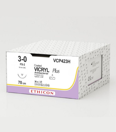 VCP423H - Vicryl Plus fil de suture résorbable Incolore - 3/0 (2) - Aiguille triangulaire inversée 3/8C - 19mm - 70cm
