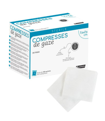 Compresse Gaze STERILE 17 fils 12 plis 23gr/m2 - 7.5cm x 7.5cm - 27x30cm - sachet de 1 - boite de 100 - 175654